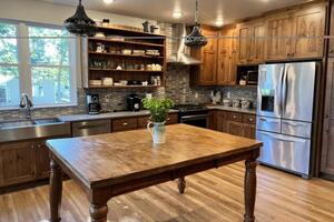 Kitchen with table and cupboards.